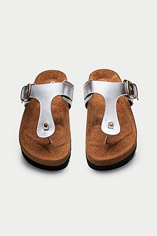 Silver Genuine Leather Flats by Oroh