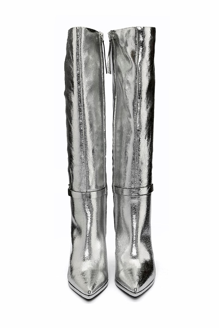 Silver Genuine Leather Knee-High Boots by Oroh at Pernia's Pop Up Shop