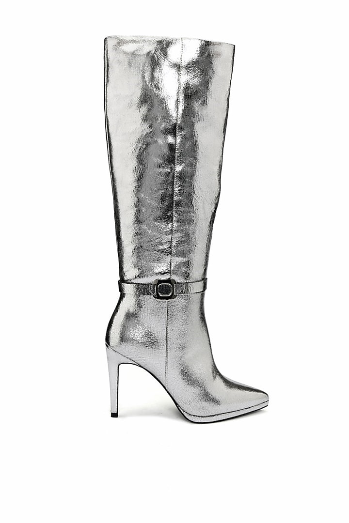Silver Genuine Leather Knee-High Boots by Oroh at Pernia's Pop Up Shop