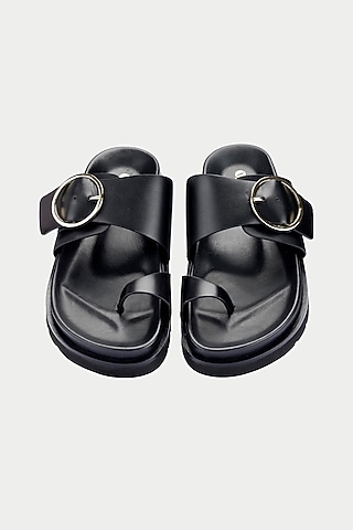 Black Genuine Leather Flats by Oroh