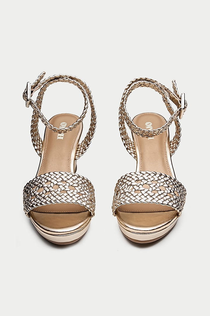 Gold Genuine Leather Woven Strap Wedges by Oroh at Pernia's Pop Up Shop