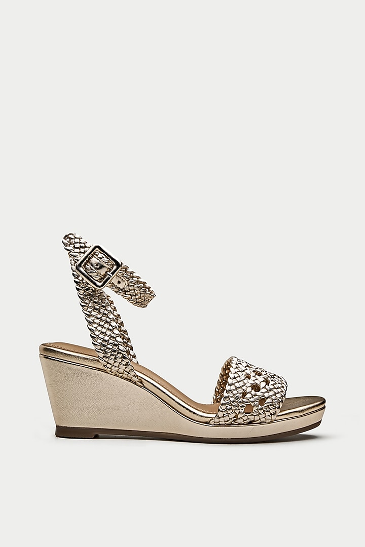 Gold Genuine Leather Woven Strap Wedges by Oroh at Pernia's Pop Up Shop