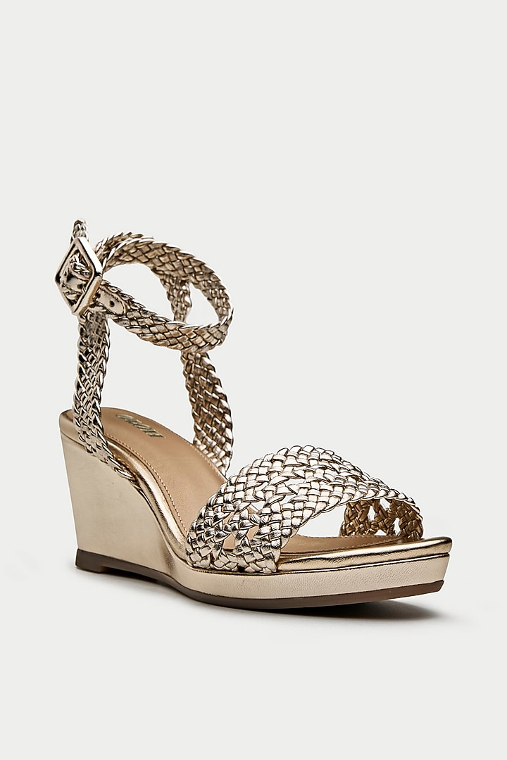 Gold Genuine Leather Woven Strap Wedges by Oroh at Pernia's Pop Up Shop