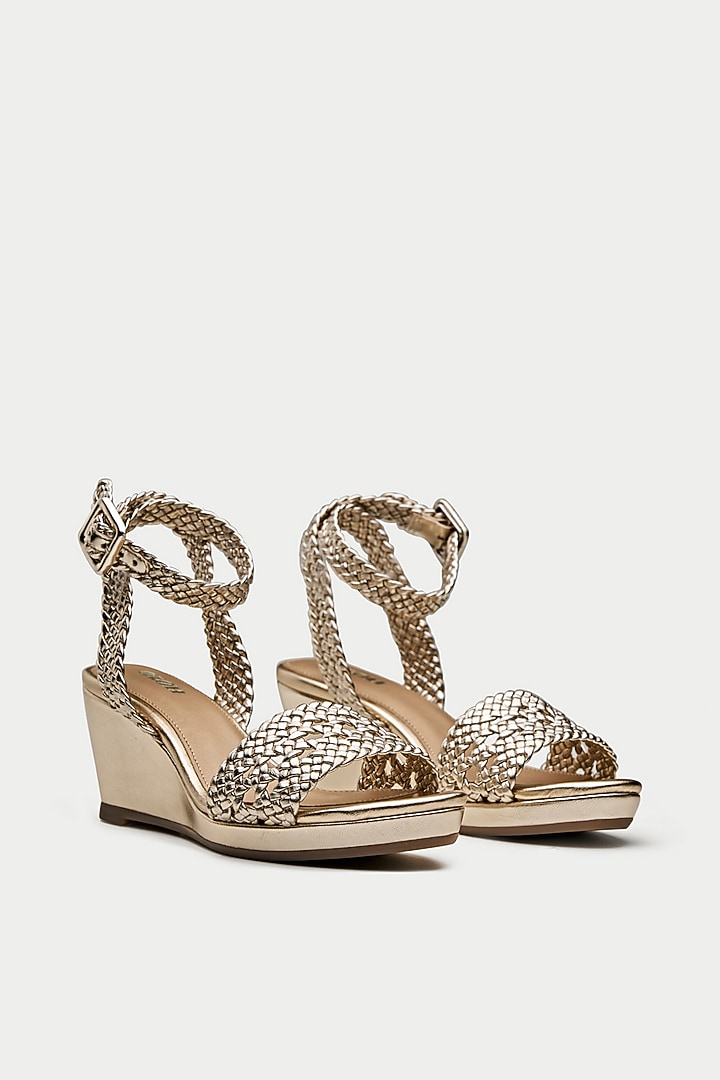 Gold Genuine Leather Woven Strap Wedges by Oroh at Pernia's Pop Up Shop