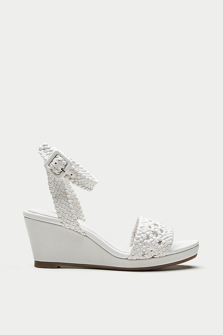 White Genuine Leather Woven Strap Wedges by Oroh at Pernia's Pop Up Shop