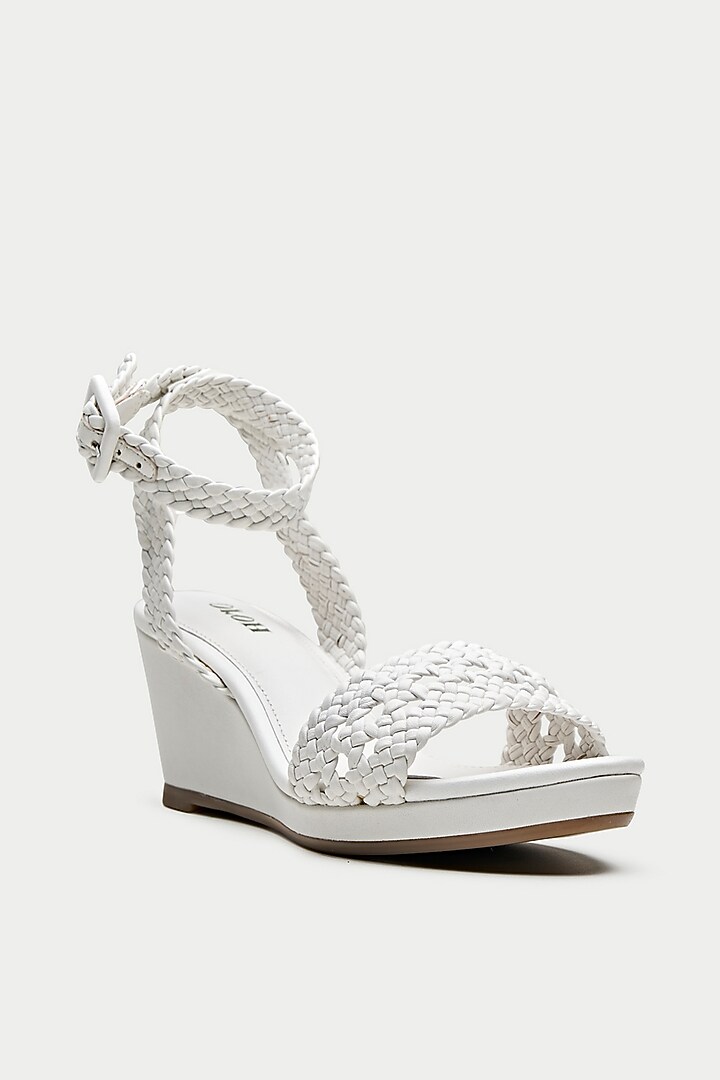 White Genuine Leather Woven Strap Wedges by Oroh at Pernia's Pop Up Shop