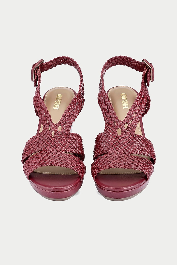 Maroon Genuine Leather Woven Strap Wedges by Oroh at Pernia's Pop Up Shop