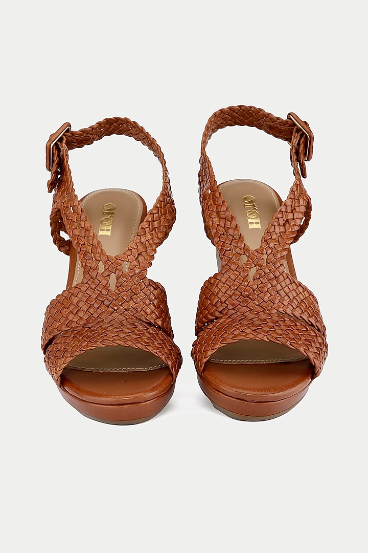 Tan Genuine Leather Woven Strap Wedges by Oroh at Pernia's Pop Up Shop