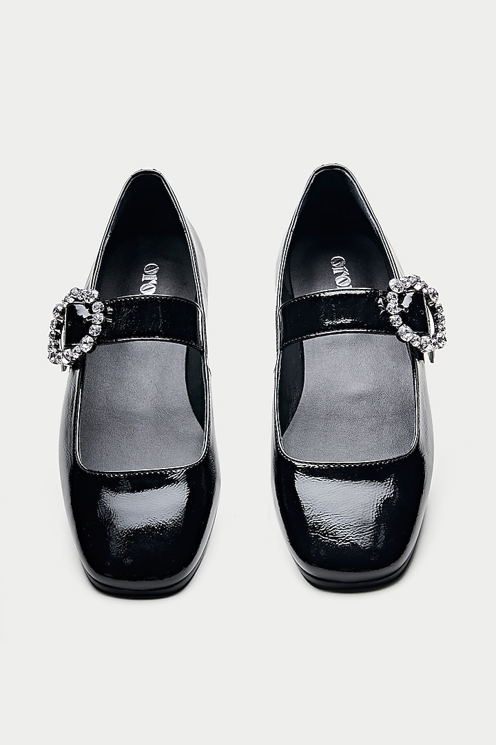 Black Genuine Leather Crystal Embellished Ballerina Flats by Oroh at Pernia's Pop Up Shop