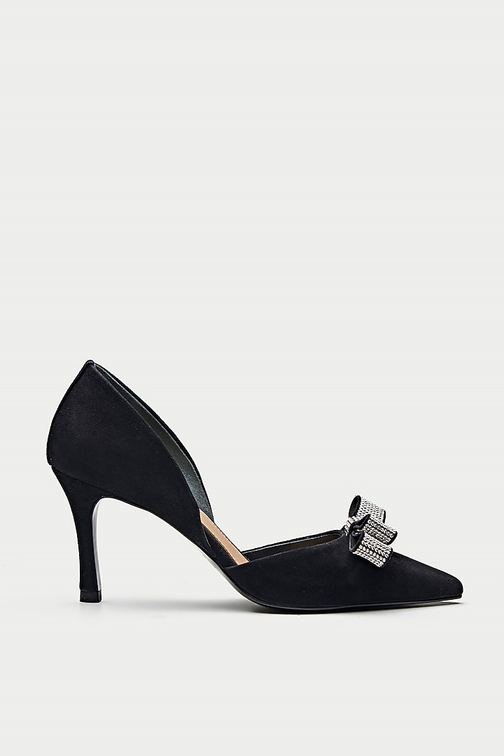Black Genuine Leather Rhinestone Bow Pump Heels by Oroh at Pernia's Pop Up Shop
