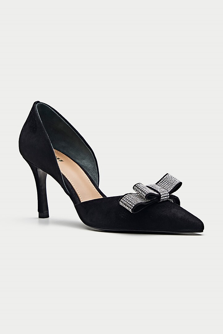Black Genuine Leather Rhinestone Bow Pump Heels by Oroh at Pernia's Pop Up Shop