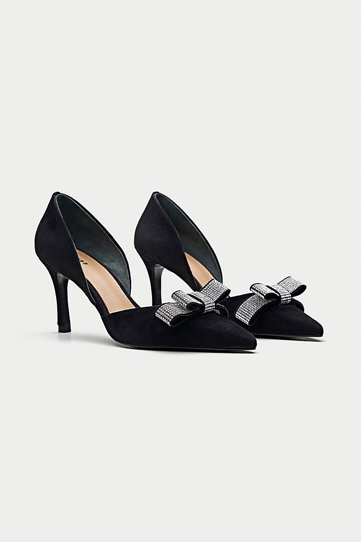 Black Genuine Leather Rhinestone Bow Pump Heels by Oroh at Pernia's Pop Up Shop