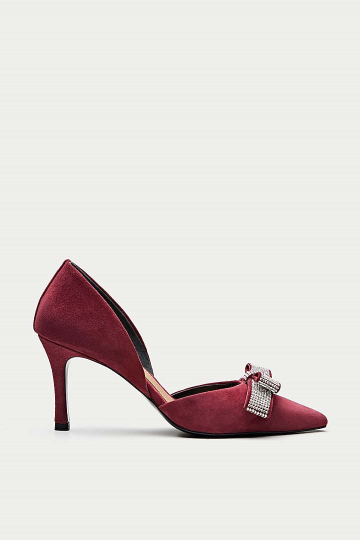 Maroon Genuine Leather Rhinestone Bow Pump Heels by Oroh at Pernia's Pop Up Shop