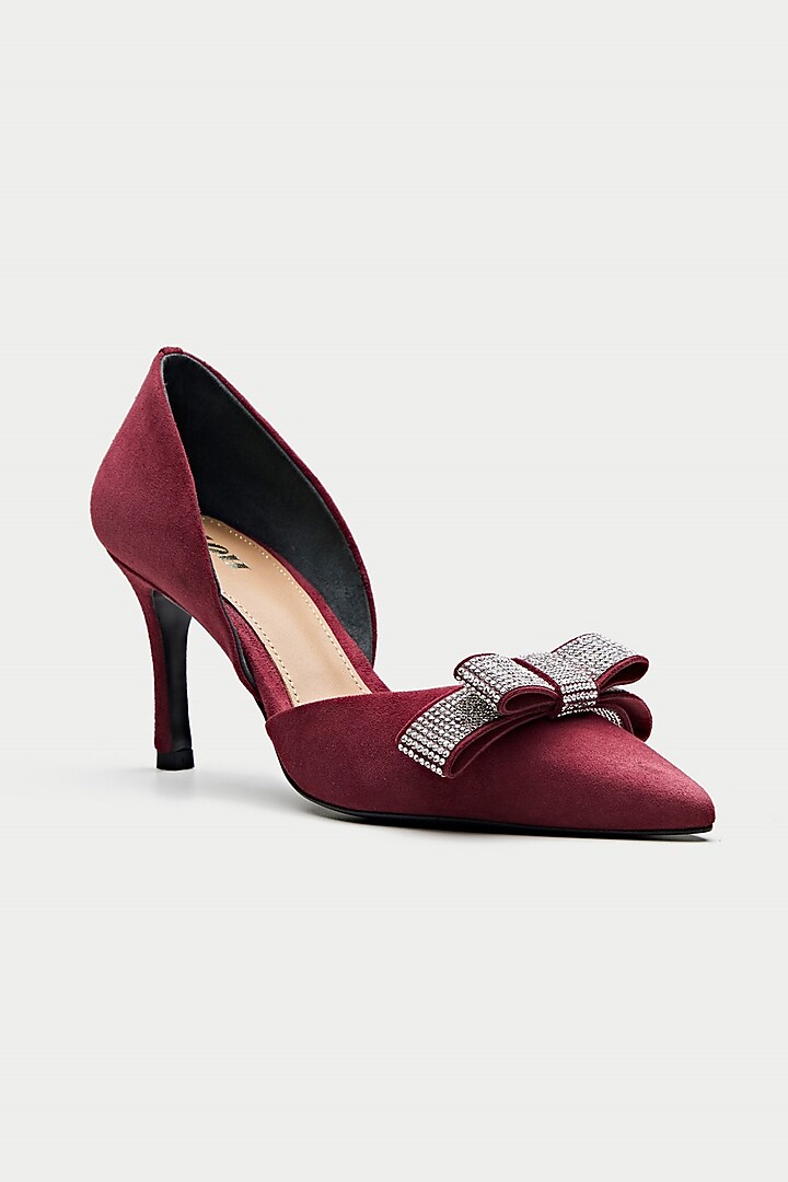 Maroon Genuine Leather Rhinestone Bow Pump Heels by Oroh at Pernia's Pop Up Shop