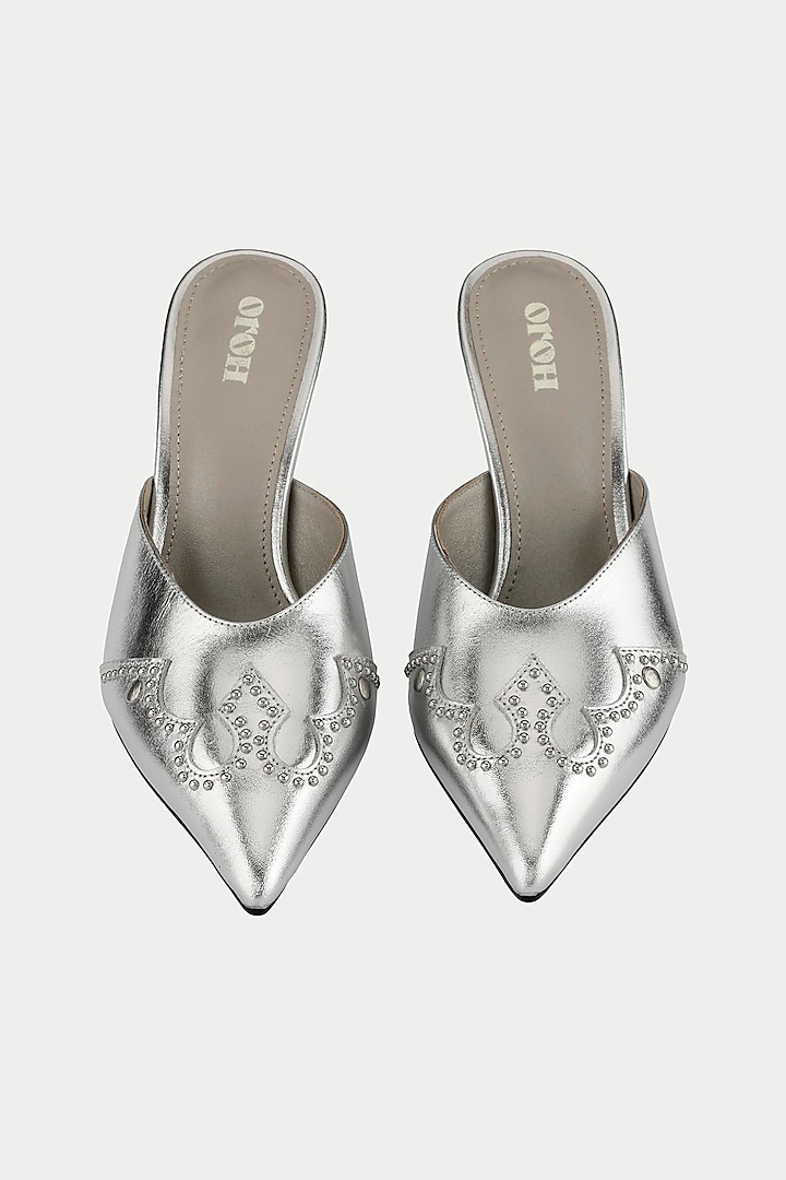 Silver Genuine Leather Stiletto Mules by Oroh at Pernia's Pop Up Shop