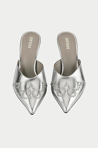 Silver Genuine Leather Stiletto Mules by Oroh