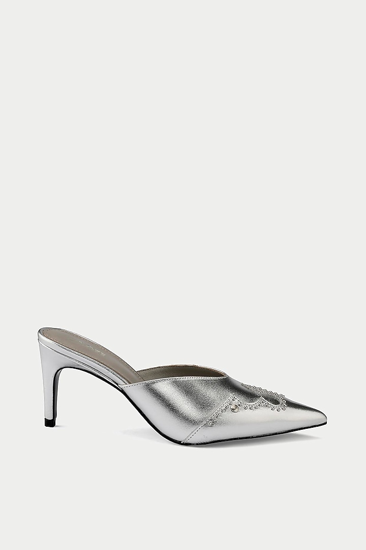Silver Genuine Leather Stiletto Mules by Oroh at Pernia's Pop Up Shop