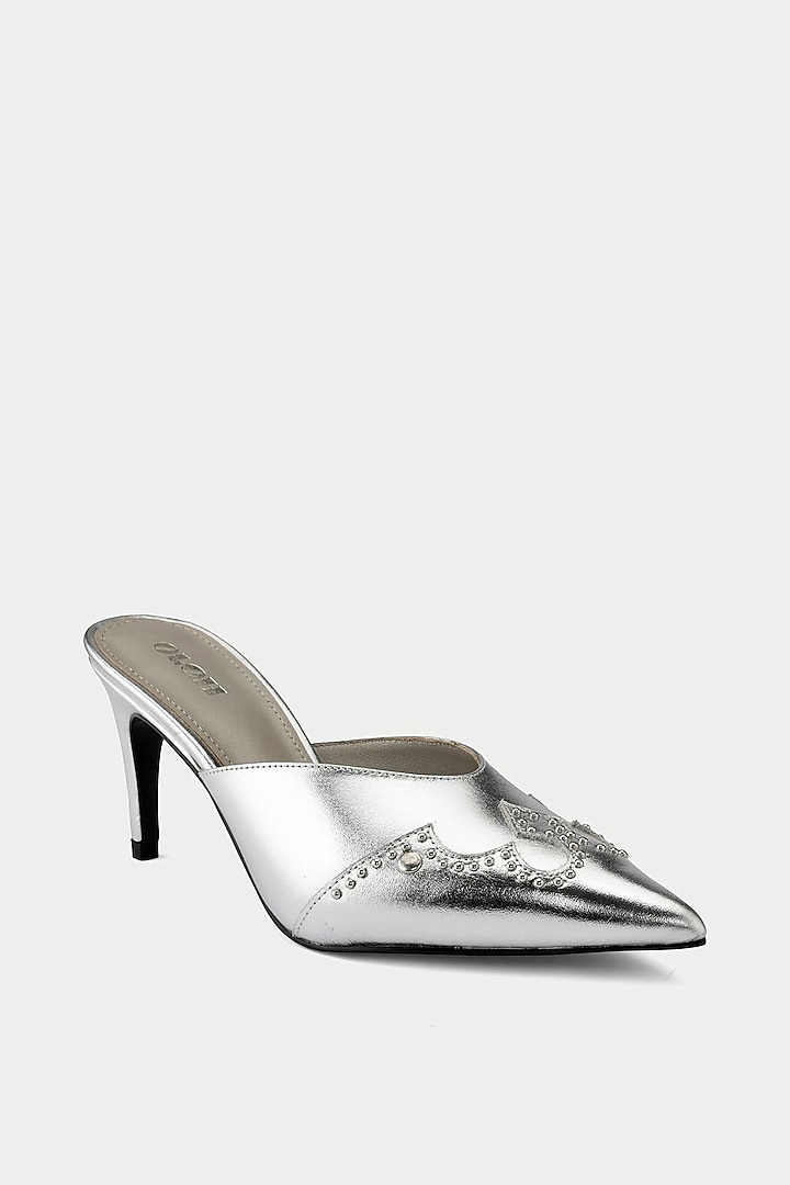 Silver Genuine Leather Stiletto Mules by Oroh at Pernia's Pop Up Shop
