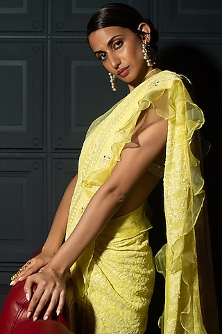 Lemon Yellow Embroidered Chikankari Saree Set by ORU