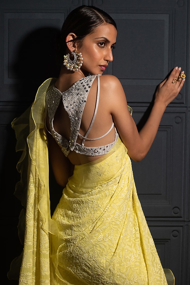 Lemon Yellow Embroidered Chikankari Reception Saree Set by ORU at Pernia's Pop Up Shop