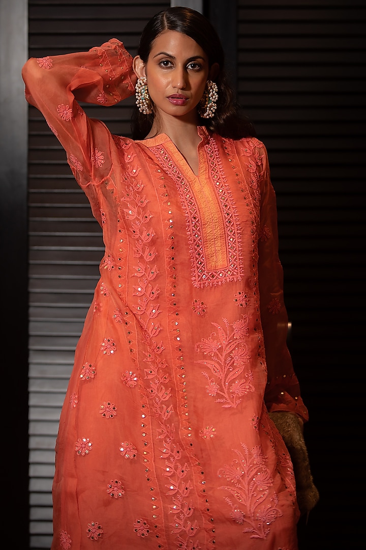 Orange Embroidered Chikankari Kurta Set by ORU at Pernia's Pop Up Shop