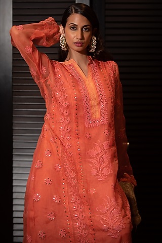 Orange Embroidered Chikankari Kurta Set by ORU