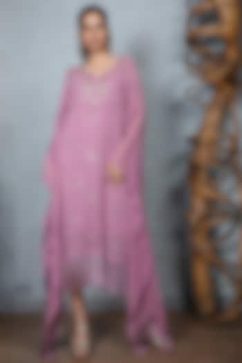 Purple Chikankari Kaftan Dress With Inner by ORU