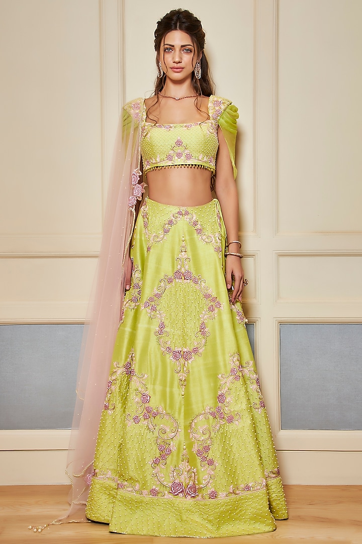 Lime Green Lehenga Set With Motifs by Oru