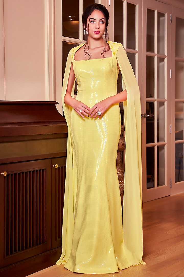 Lemon Yellow Embroidered Gown by Oru