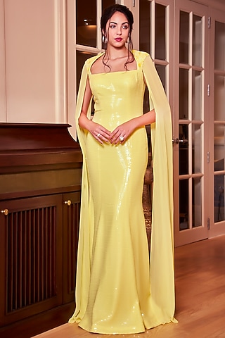 Lemon Yellow Embroidered Gown by Oru