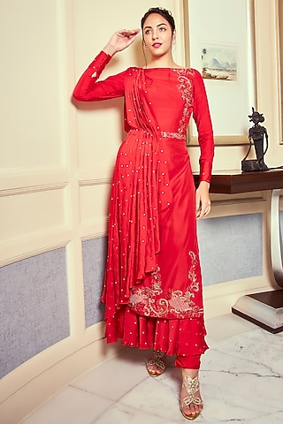 Red Embellished Kurta Set by Oru
