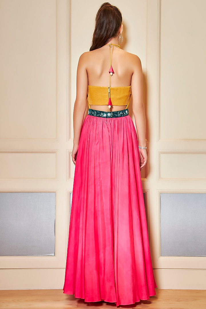Yellow & Pink Habotai Silk Party Wear Gown by Oru at Pernia's Pop Up Shop