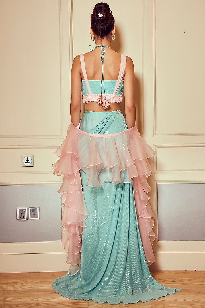 Turquoise Sequins Draped Skirt Set by Oru at Pernia's Pop Up Shop