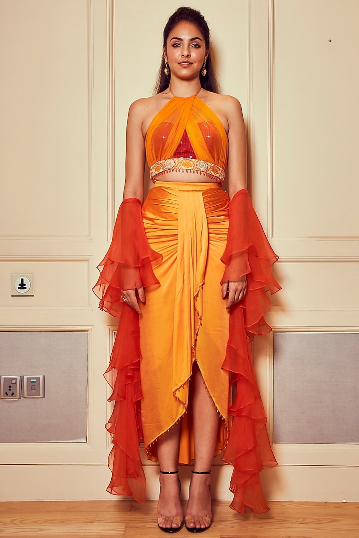 Orange & Red Pleated Draped Skirt Set by Oru