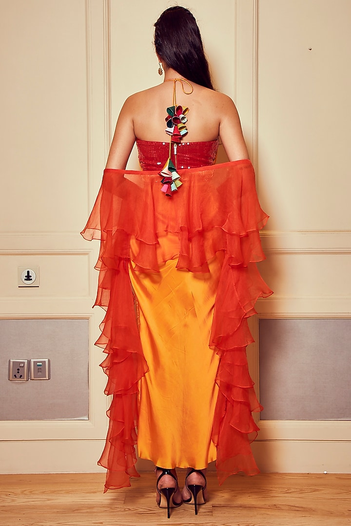 Orange & Red Pleated Draped Skirt Set by Oru at Pernia's Pop Up Shop