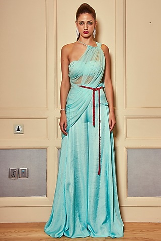 Turquoise Embroidered Palazzo Pant Set by Oru