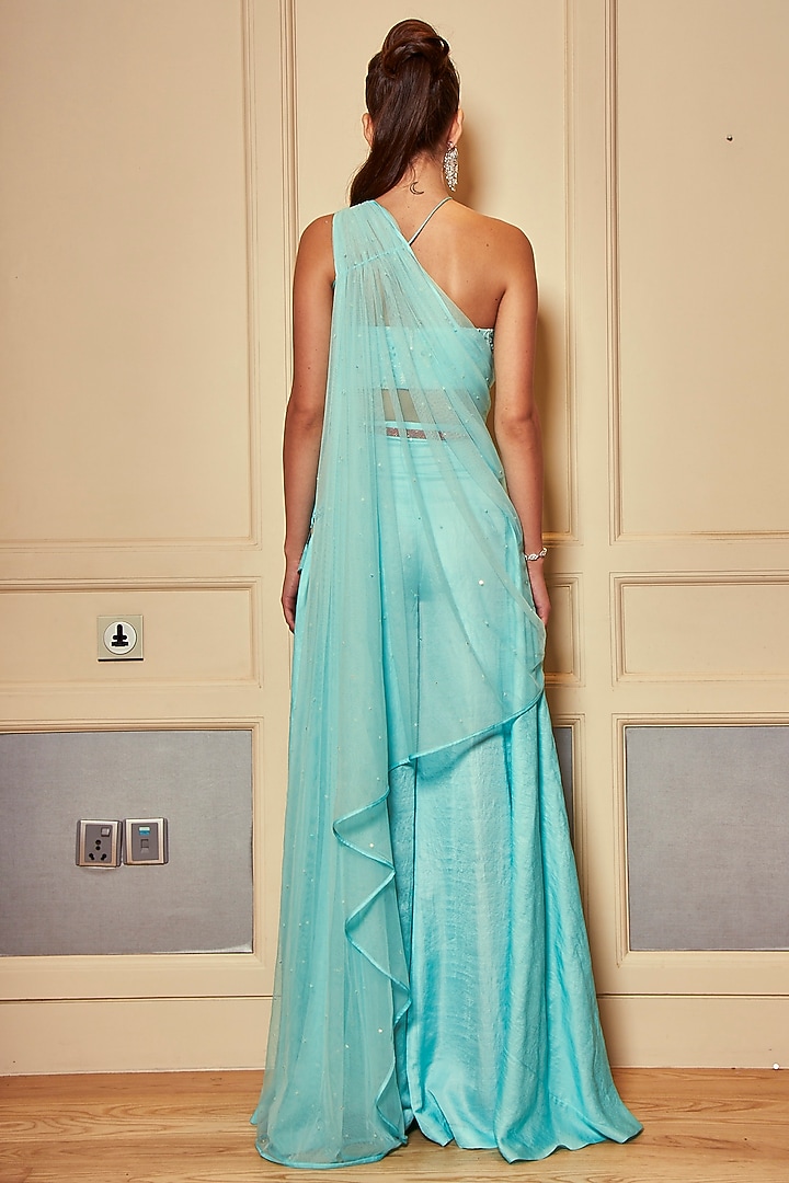 Turquoise Embroidered Palazzo Pant Set by Oru at Pernia's Pop Up Shop