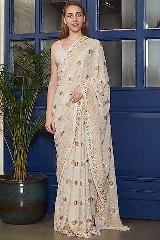 Beige Chikankari Parsi Gara Saree by ORU