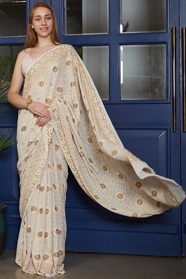 Beige Chikankari Parsi Gara Bridal Saree by ORU at Pernia's Pop Up Shop