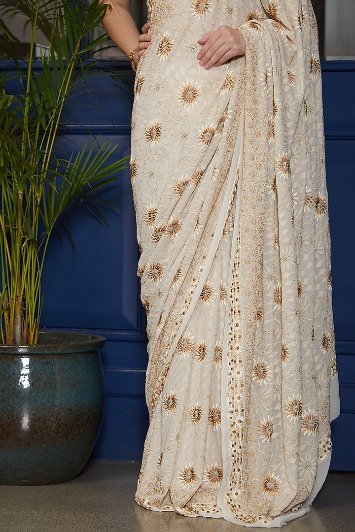 Beige Chikankari Parsi Gara Bridal Saree by ORU at Pernia's Pop Up Shop