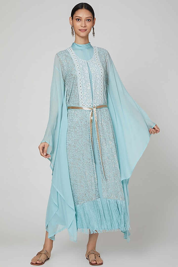 Powder Blue Embroidered Kaftan With Inner & Belt by Oru
