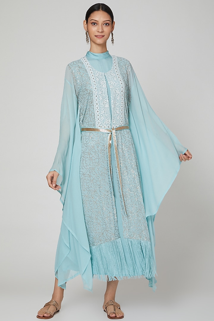 Powder Blue Embroidered Kaftan With Inner & Belt by Oru at Pernia's Pop Up Shop