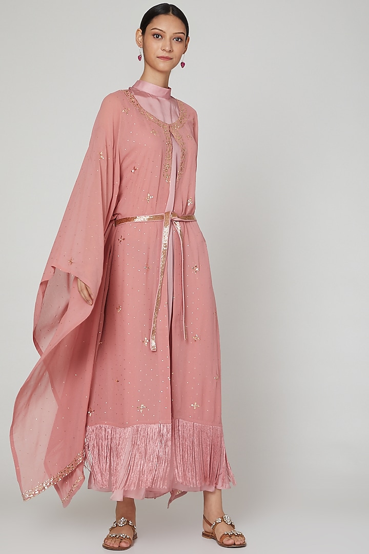Onion Pink Embroidered Kaftan With Inner & Belt by Oru