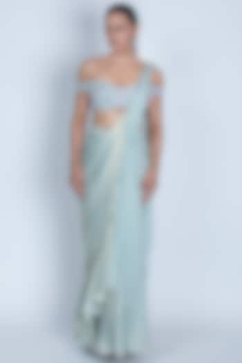 Sea Green Shimmer Metallic Draped Skirt Saree Set by ORU PRET