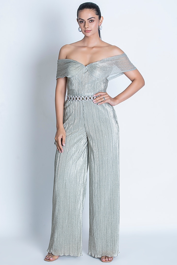 Dusty Sea Green Pleated Foil Knitted Hand Embroidered Metallic Jumpsuit by ORU PRET