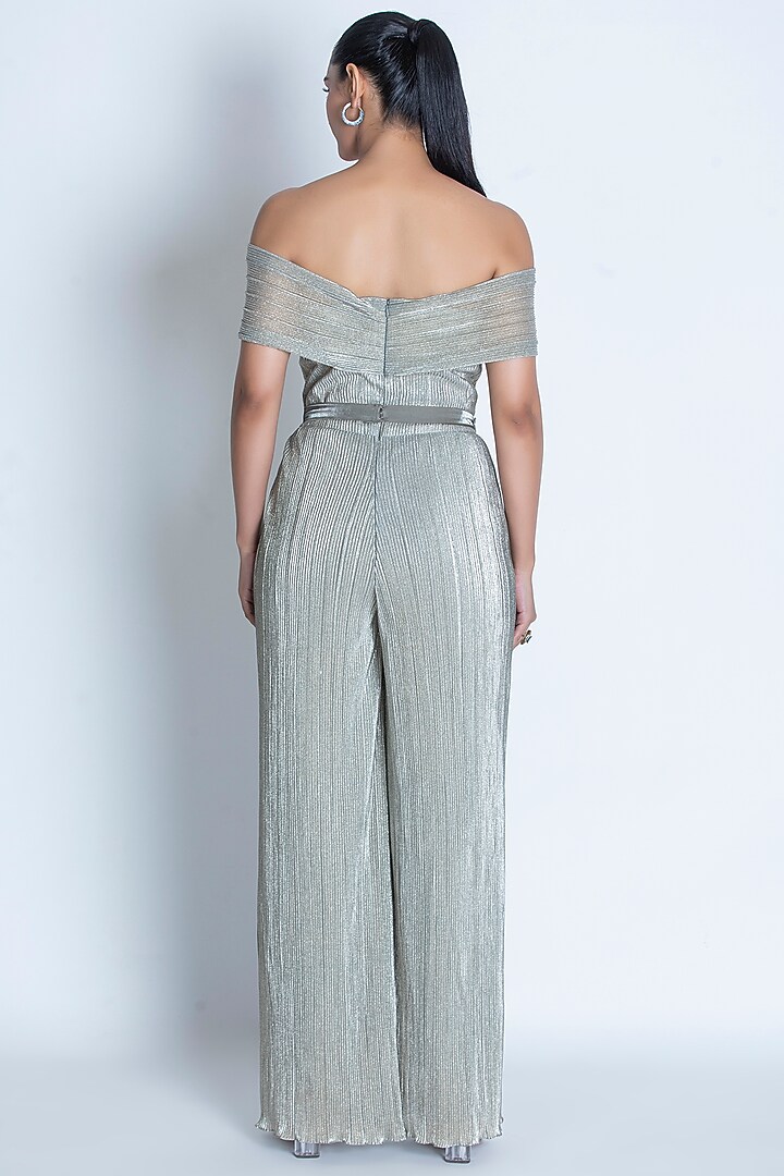 Dusty Sea Green Pleated Foil Knitted Hand Embroidered Metallic Jumpsuit by ORU PRET at Pernia's Pop Up Shop