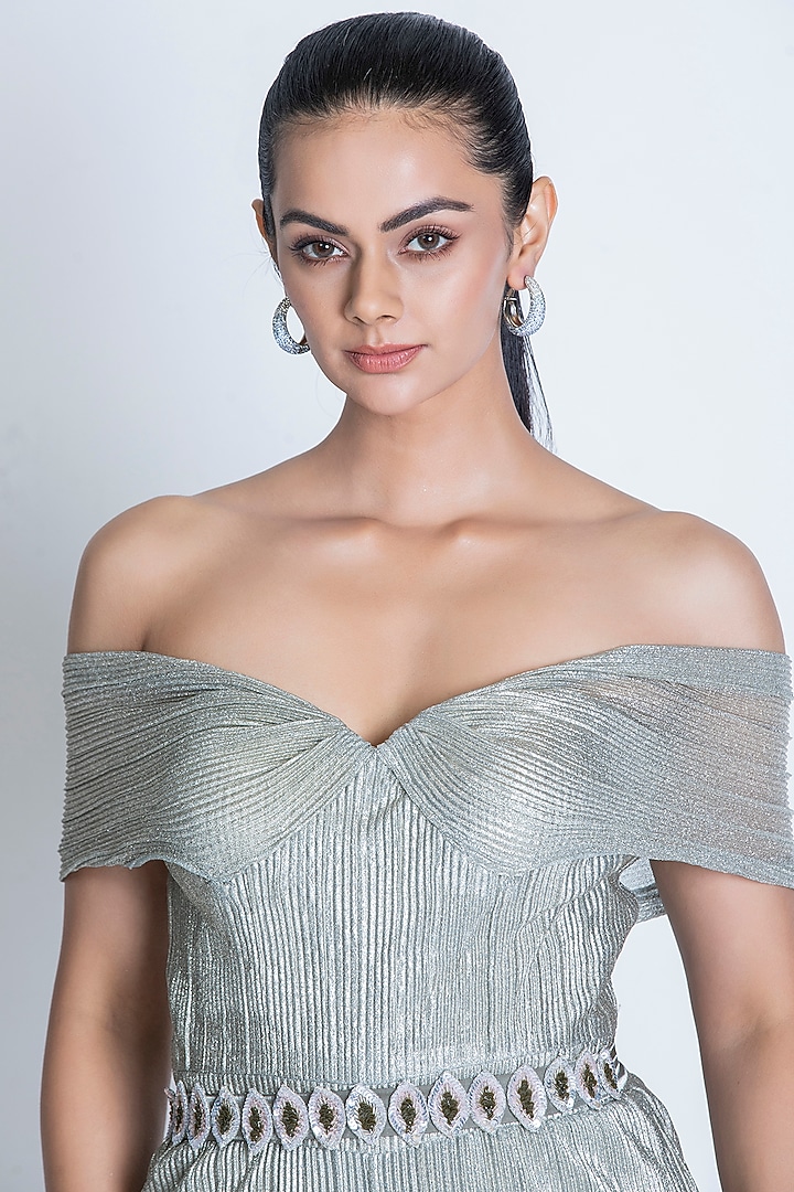Dusty Sea Green Pleated Foil Knitted Hand Embroidered Metallic Jumpsuit by ORU PRET at Pernia's Pop Up Shop