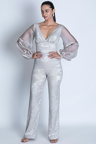 Silver Foil Crepe Metallic Jumpsuit by ORU PRET