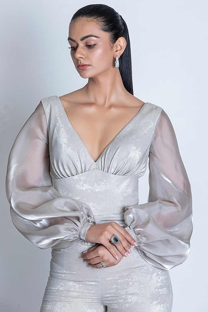 Silver Foil Crepe Metallic Jumpsuit by ORU PRET at Pernia's Pop Up Shop