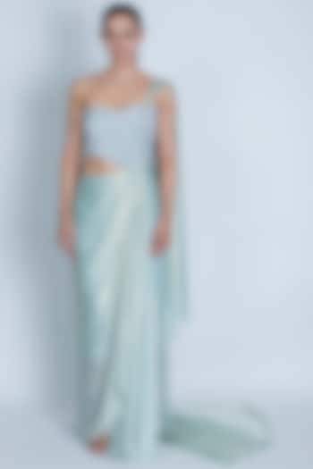 Sea Green Shimmer Hand Embroidered One-Shoulder Draped Gown Saree by ORU PRET